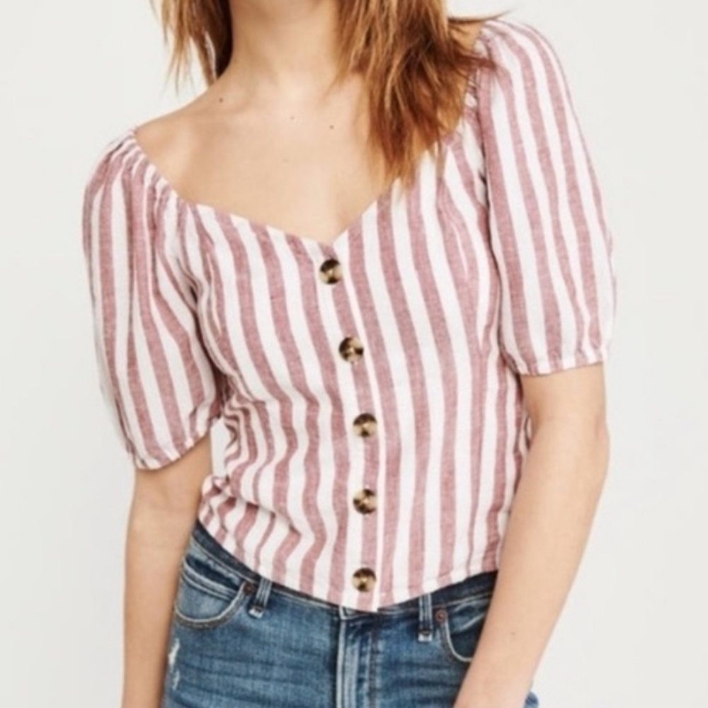 a&f ♡ linen puff sleeve top xs abercrombie and fitch americana summer retro